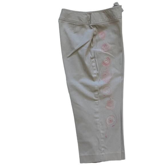 Cotton Stretch Tan/Neutral Cropped Chinos with Pink Floral Embroidery, Size 10 - Picture 3 of 10
